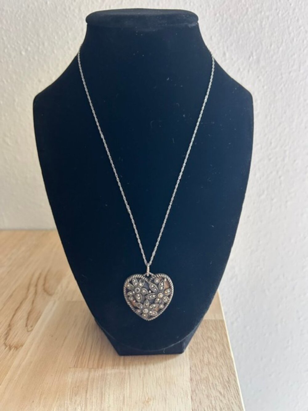 Vintage-Style Sterling Silver heart pendant with marcasite stones on Tiger's Eye